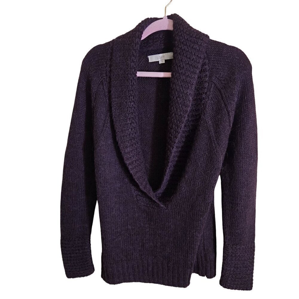 Loft Alpaca Blend Deep Plum Shawl Collar V Neck Pullover Sweater Size M